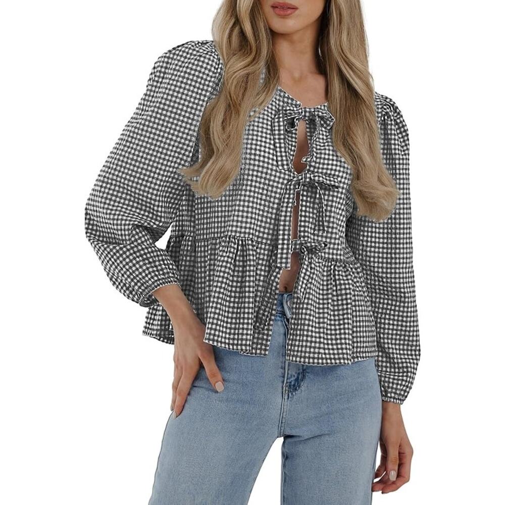 New Medium Babydoll, Peplum, Long Puff Sleeve, Bow Tie Front Blouse